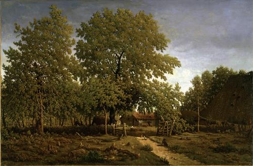 Farm in the Landes (House of the Garde), painted between 1844 and 1867, by Pierre Étienne Théodore Rousseau Oil on canvas, 25 1/2 x 39 in.  Sterling and Francine Clark Art Institute, Williamstown, Massachusetts